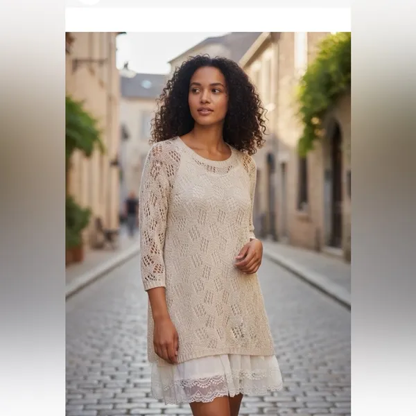 Altar'd State Cream Crochet Tunic Sweater/Mini Dress, size M/L - Image 2