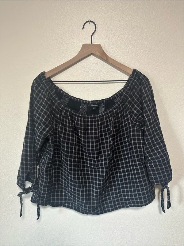 🖤Madewell Black and White Plaid Off-Shoulder Blouse - Image 4