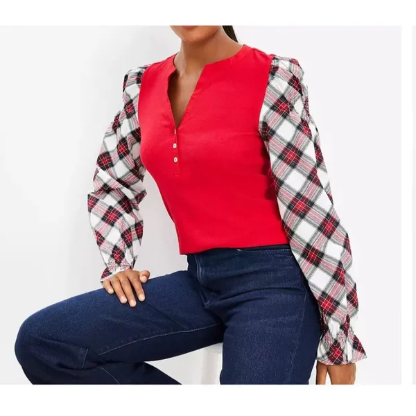 LOFT Women’s Ribbed Henley Red Plaid Mixed Media‎ Puff Shirred Ruffle Sleeves S - Image 3