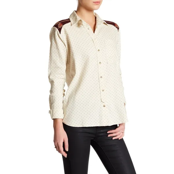 FREE PEOPLE Mixed Media Sage Buttondown Shirt Wool Western Polka Dot‎ Medium - Image 6