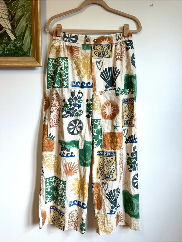 Free People Cotton Seaside Printed Pull On Pants Womens Small Shells Sun Waves - Image 2