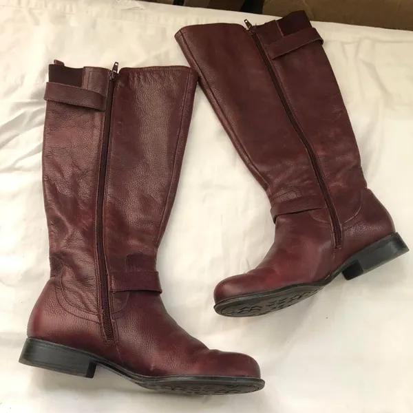 Naturalizer Vintage Burgundy Maroon Red genuine leather knee-high Riding boots gold buckles-Size 7M Measurements in pics #gothic #whimsygoth #biker #grunge #western boho indie - Image 2