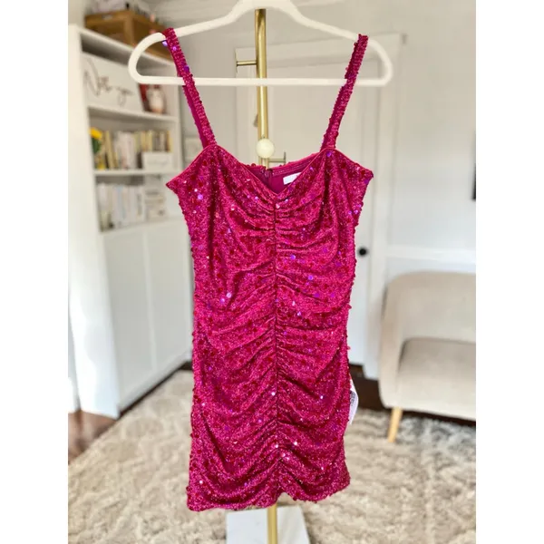 Sho‎ Hot Pink Sequin Ruched Mini Dress Cocktail Party Prom Gala Wedding Event L - Image 2