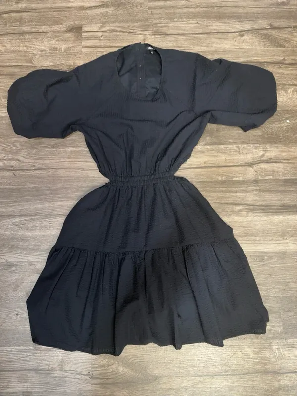 Madewell Black Textured Puff Sleeve Cutout Midi Dress Size Medium - Image 3