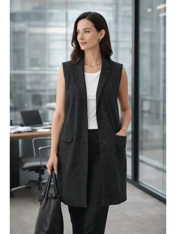 Eileen Fisher Black Rainfall Organic Cotton Textured Double Button Long Vest - Image 2