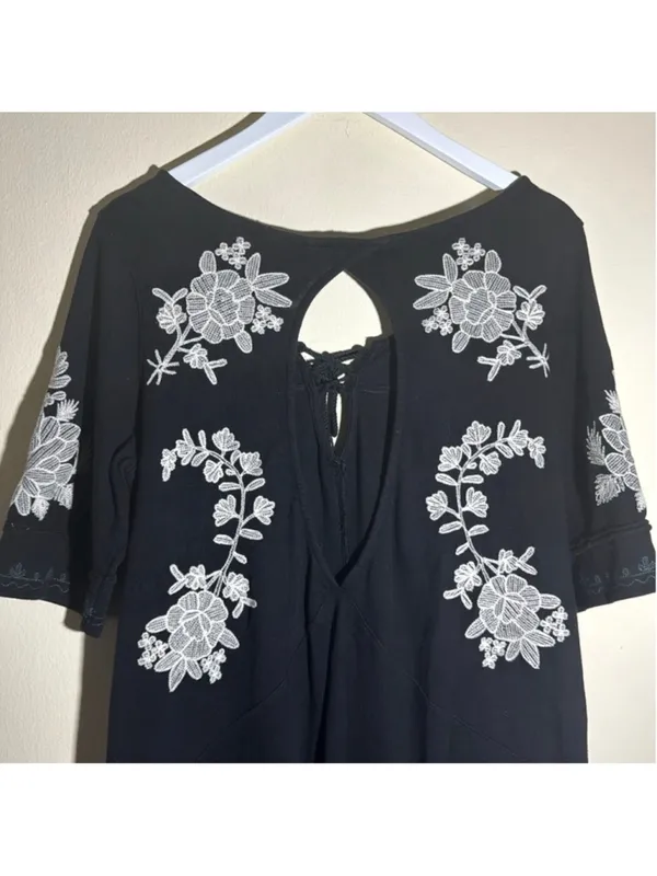 Free People Women's Black & White Embroidered Mini Dress Size Large - Image 3