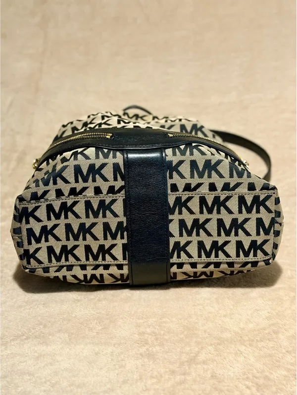 Michael Kors MK Signature Jacquard Hobo Shoulder Bag Black Beige Gold - Image 4