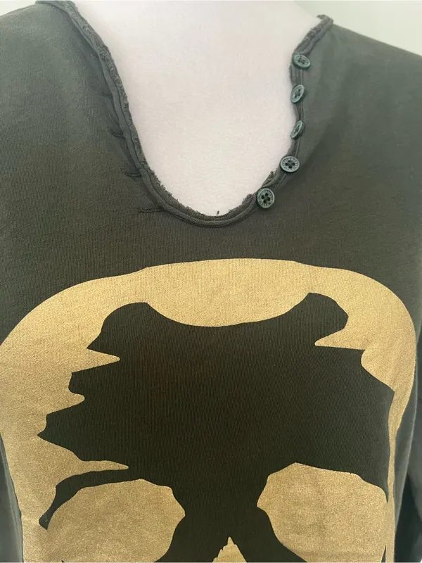 Zadig & Voltaire Olive Green Long Sleeve Tee with Gold Skull Motif - Image 2