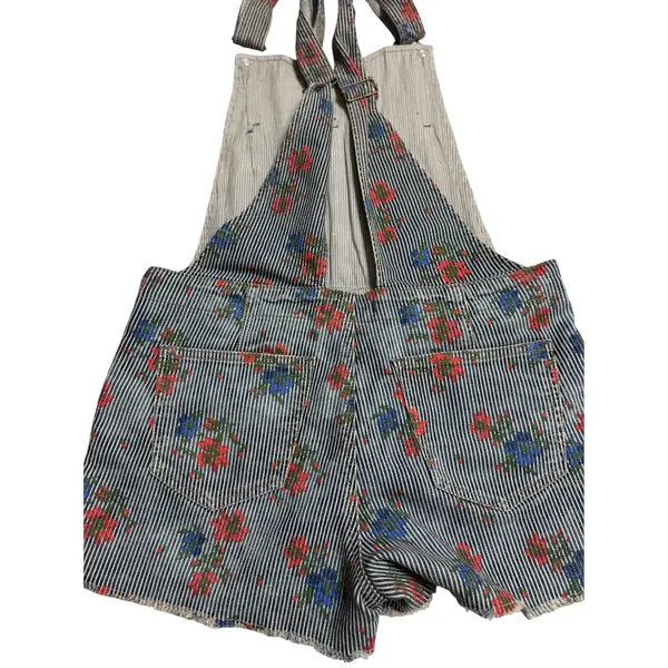 Free People Floral Hickory‎ Stripe Denim Shortalls Blue White Pinstripe Size 8 - Image 4