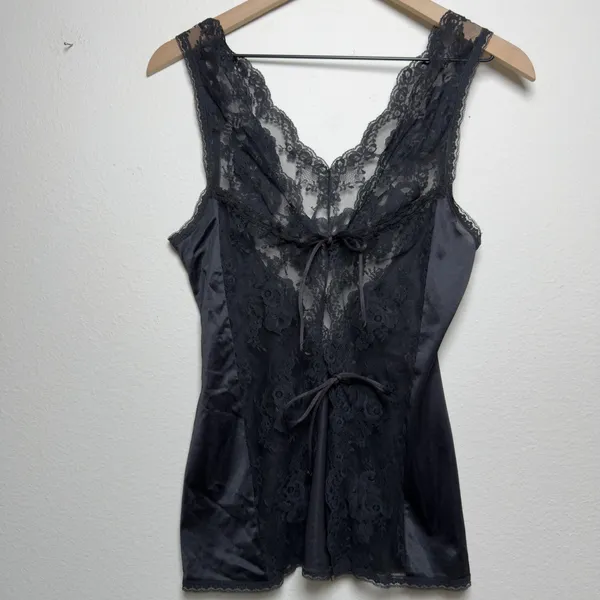 American Vintage VTG 60s Jenelle of California Women Black Lace Cami Top Sheer Tie Front Floral - Image 6