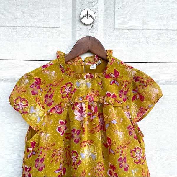 Joie Womens Shirt Blouse Mustard Yellow Pink Floral Ruffed Collar Medium - Image 4