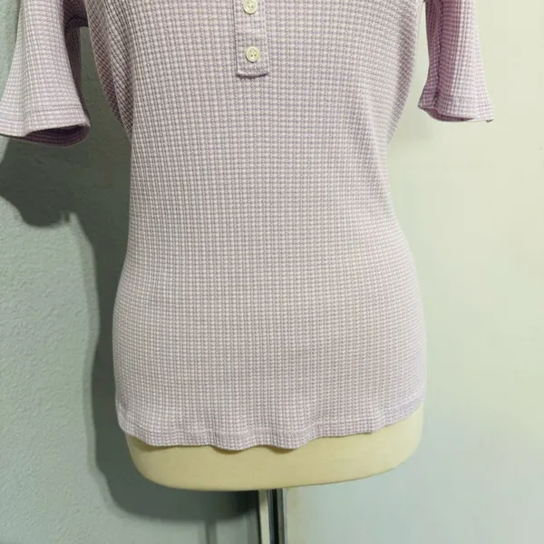 LOFT Women Lilac‎ Y2K Textured Waffle Scoopneck Pointelle Ruffle Henley Top Sz L - Image 4