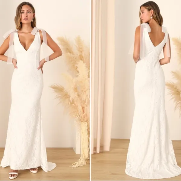 LULU's Elegant Sexy Wedding Bridal Shower Engagement Floral Lace Flowy Gown - Image 5