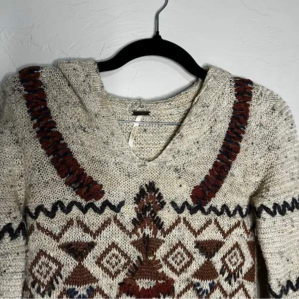 Free‎ People Aztec South Western Brown Hooded Kangaroo Pocket Wool Blend Sweater - Image 3