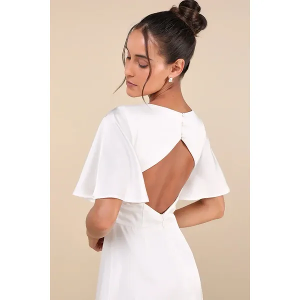 Lulus Elegant Confidence White Satin Flutter Sleeve Cutout Maxi Dress Size XS - Image 3