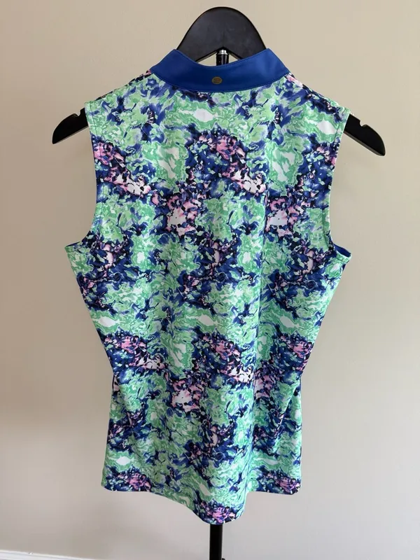 EP‎ New York Women's Sleeveless Mock Neck Floral Bluebell Golf Polo- M - Image 2