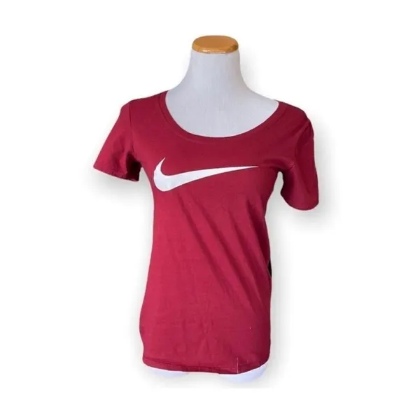 Womens Nike Athletic Fit Deep Red Cotton Swoosh Logo Graphic Tee Shirt - Sz S - Image 2