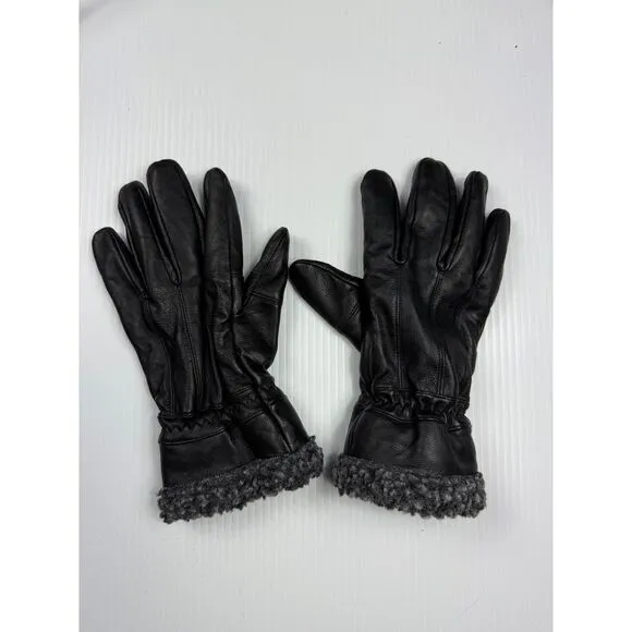 Black Leather Gloves with Plush Gray Fleece Lining‎ Cold Weather size M - Image 2