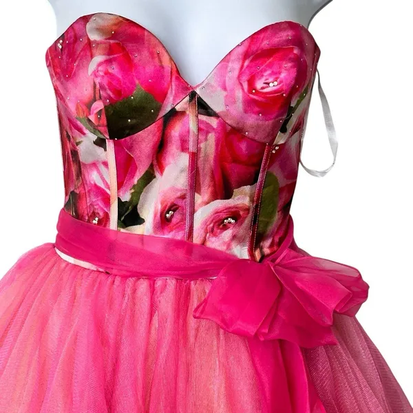Sherri Hill Y2K VTG Bright Pink Floral Silk Tulle Tutu Prom Dress Size 4 - Image 9