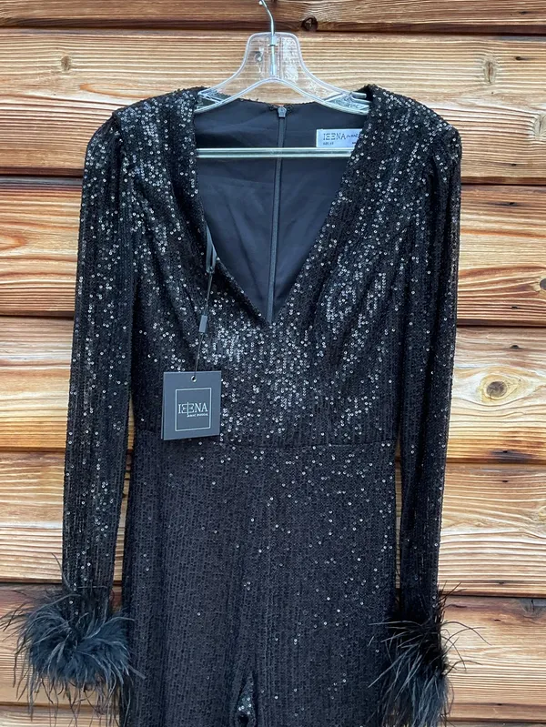 Mac Duggal Black XS Sequin Feather Trim Flare Leg V Neck Pants Jumpsuit - Image 6