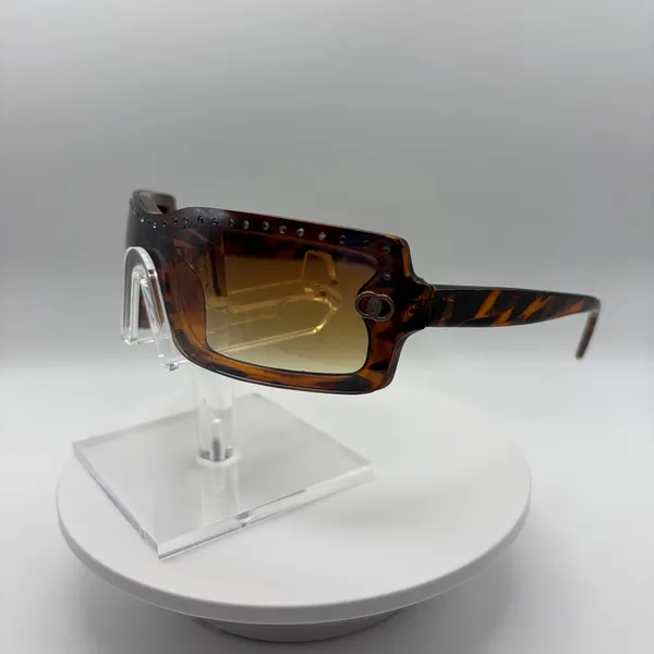 Y2K Brown Tortoise Studded Rectangle Shield Sunglasses - Image 2