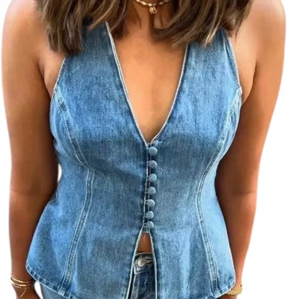 Shein Dazy Women Blue Denim Halter Top Button Front Backless Vest Size L | 0351 - Image 4