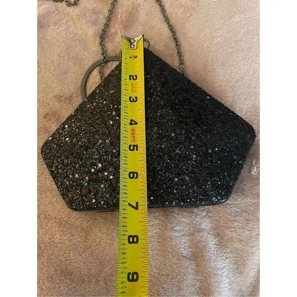New Black Glitter Geometric Clutch With Round Handle/ Shoulder Strap - Image 7