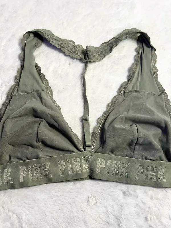 VS PINK Olive Green Lace T-Back Bralette Size Medium Wireless Comfort Bra - Image 5