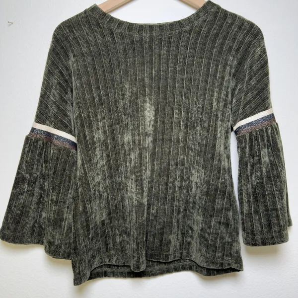 THML Women Chenile Knit‎ Sweater XS Green Boho Western Ribbed Bell Sleeve Preppy - Image 2