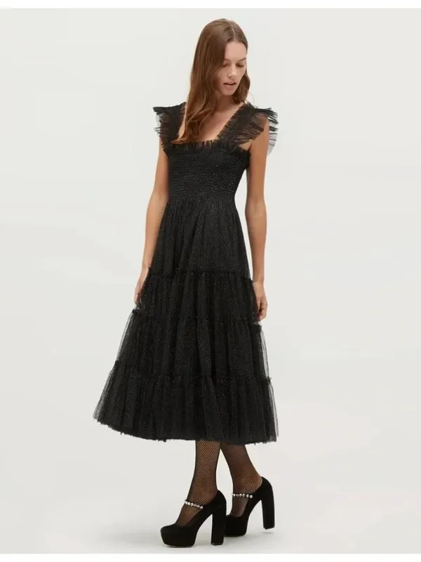 NWT Hill House Collector's Ellie Nap in Black Glitter Tulle Smocked Midi Dress M - Image 3