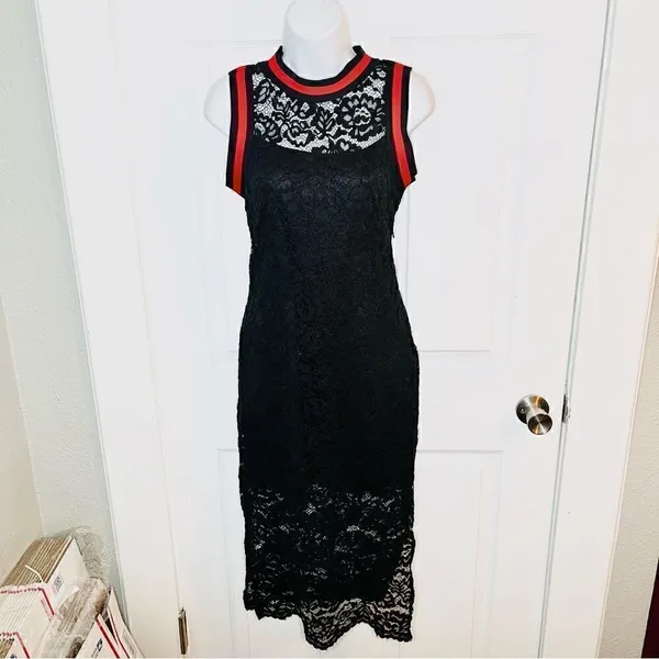 BAKU Fitted Black Lace Midi Dress Red Stripe Trim S - Image 3