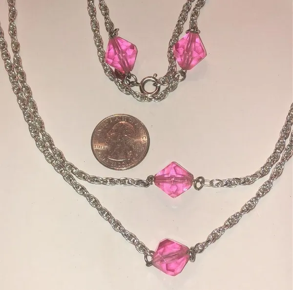 Sarah Coventry Vintage Silver Tone Pink & Blue Beaded Boho Necklace - Image 2