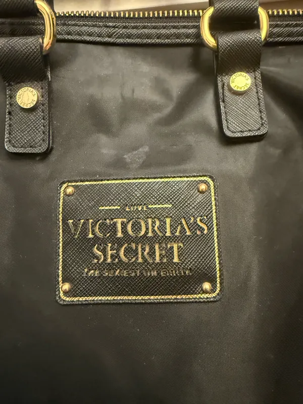 Victoria's Secret Black Satchel Top Handle Bag Gold Hardware Logo Zipper - Image 2