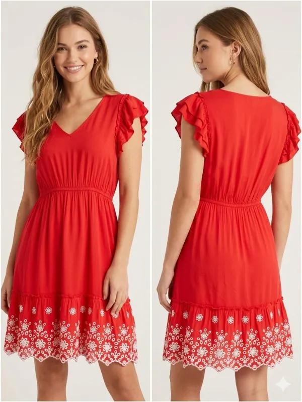 SOLITAIRE Red Summer Dress Women’s Size Medium Boho Eyelet Hem Ruffle Sleeve - Image 2