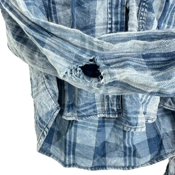 American Eagle‎ Outfitters Womens Plaid Cropped Hoodie Shirt XXS Blue Distressed - Image 5