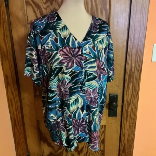 Vtg 80s Bright Tropical Flowers Blouse Blue Size L - Image 4