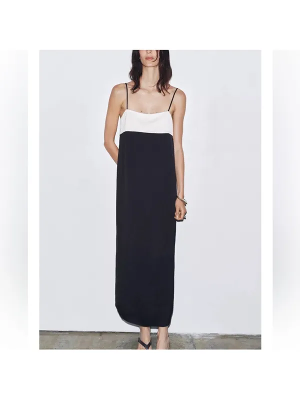 Zara Black and White Slip Maxi Dress with Spaghetti Straps - Image 2