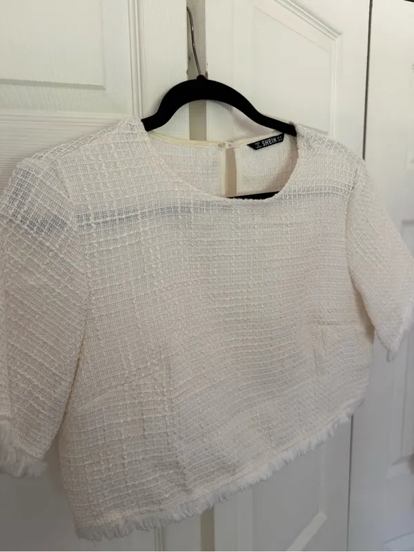 SHEIN White Tweed Skirt Set Frayed Hem Button Detail Preppy Girly Set Medium - Image 2