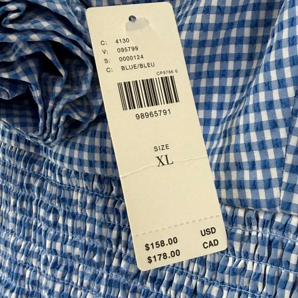Maeve Anthropologie Blue Gingham Smocked Rosette‎ Mini Dress XL NWT - Image 3