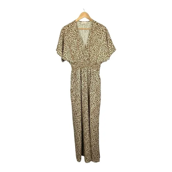 Dress Up‎ Animal Print Maxi Dress Womens Large Brown Pink Smocked Waist V-Neck - Image 2
