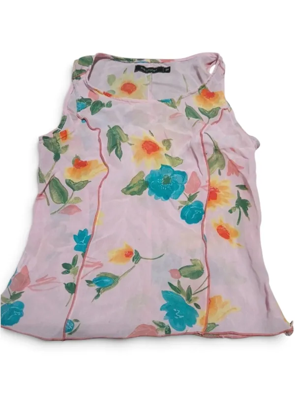 Pink Floral Sheer Viscose Tank Top Contrast Seams Size 34 XS - Image 2