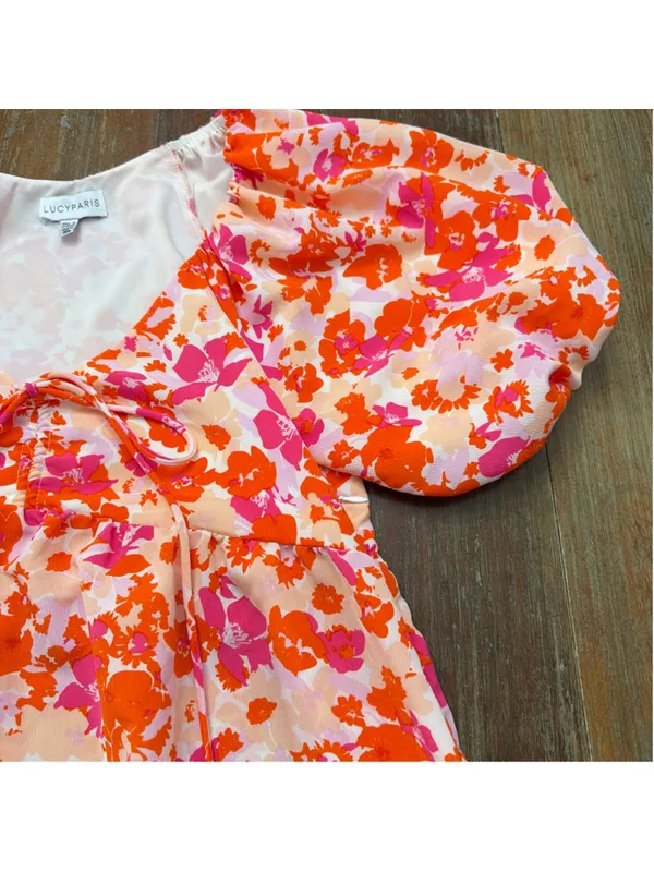 LUCY PARIS Pink & Orange Floral Puff Sleeve Toulouse Tie Babydoll Mini Dress S - Image 4