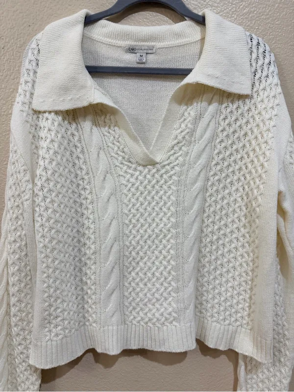 CATO Fashions Cream Cable Knit Polo Sweater Top Womens Medium Open V-Neck NWOT - Image 8