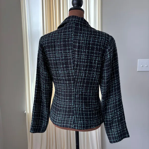 Y2K Tweed Blazer S Blue Plaid Floral Lapel Rosette Office Siren Whimsy Rom Com - Image 2