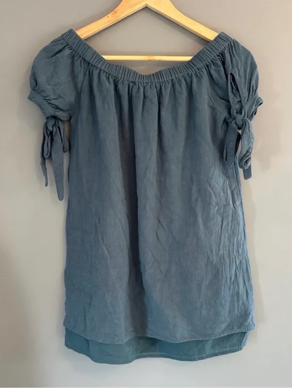Lulus blue tie off the shoulder short sleeve blouse - Image 7