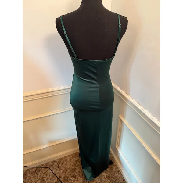 Emerald Green Satin Surplice Midi Dress with Slit Jewel Tone Wedding Guest - Image 7