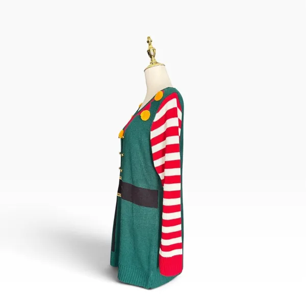 Isela Elf Ugly Christmas Sweater XL NWT 3D Bells Pom Poms Striped Holiday Tunic - Image 5