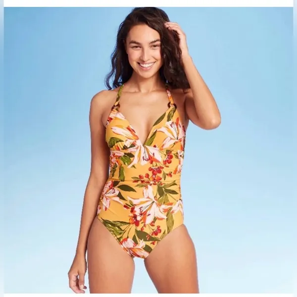 KONA SOL Boho Tropical Floral One Piece Swimsuit Yellow Hibiscus Print Small - Image 2