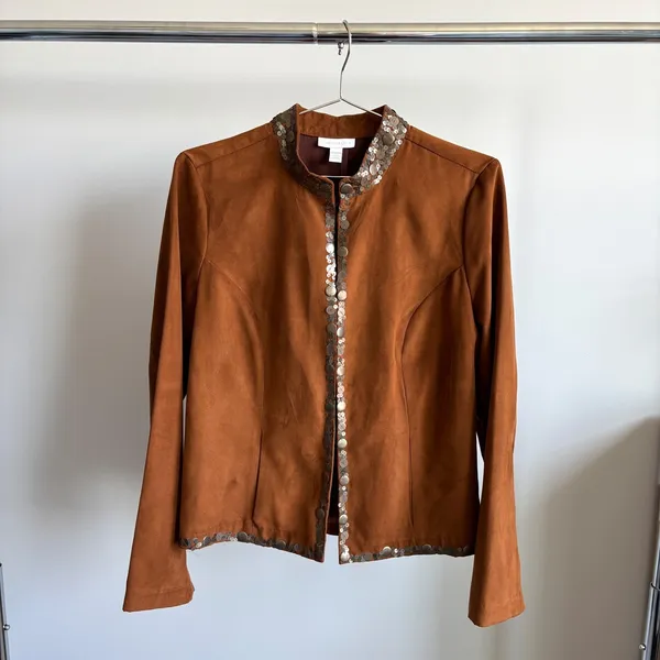 Vintage Charter Club Faux Suede Jacket M Sequin Collar Boho Revival Funky Chic - Image 2