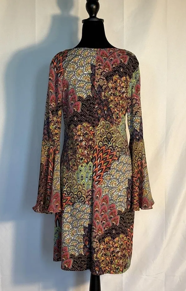 MSK Printed Bell- Sleeves Shift Dress with opening at elbow. Pullover Scoop Neck - Image 2
